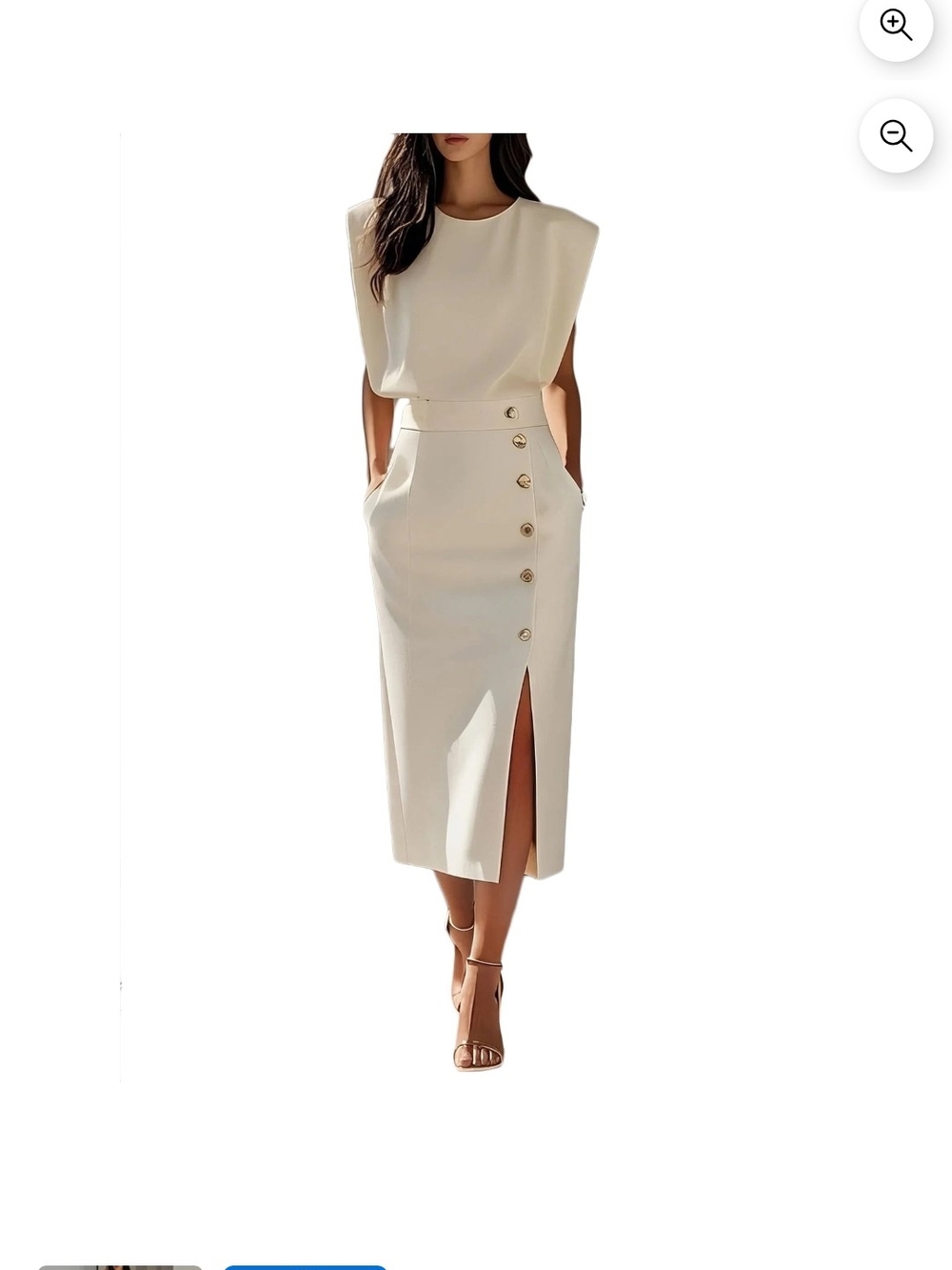 Structured Cream Midi Dress with Gold Button Detail